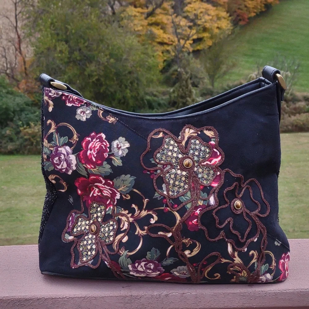 #VINTAGE #BUENO Embroidered Multi-Print Fabric Satchel#